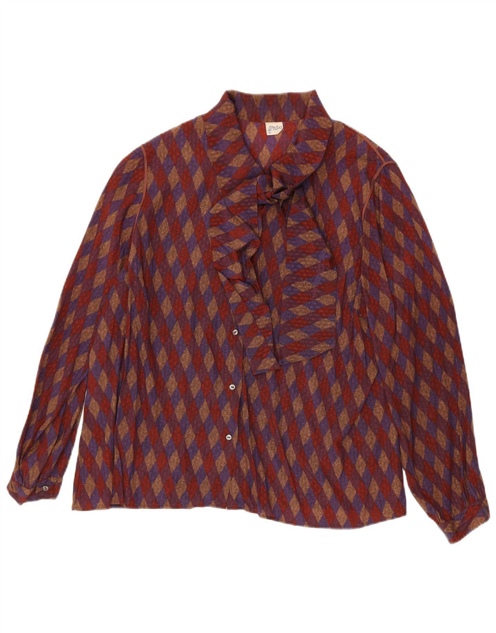 Camicetta da donna vintage con cravatta sul davanti UK 16 Grande seta geometrica rossa