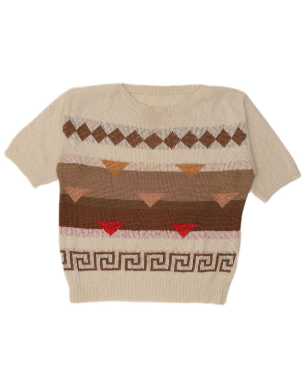 Maglione da donna vintage con scollo a barca UK 14 Medio Bianco geometrico