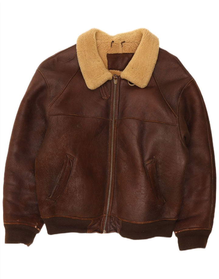 Giubbotto bomber in shearling da uomo vintage UK 42 XL Marrone