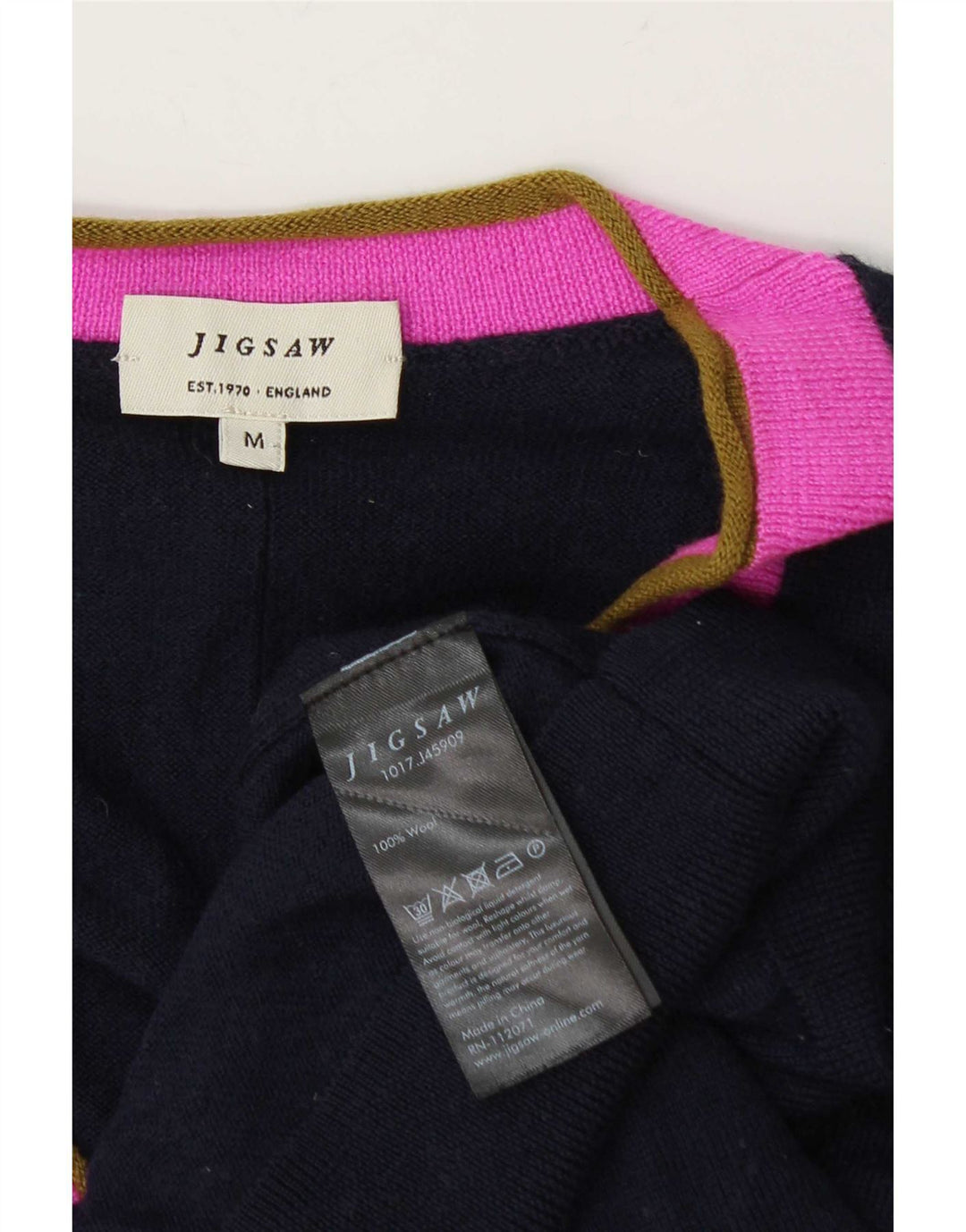 Maglione cardigan da donna Jigsaw UK 14 Lana color block blu navy medio