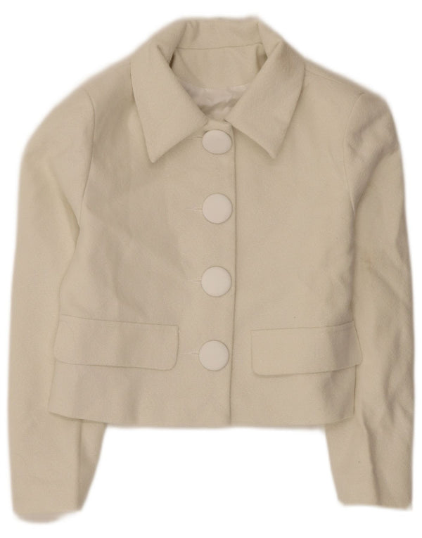 Giacca Bolero da donna vintage UK 10 piccola in poliestere bianco sporco
