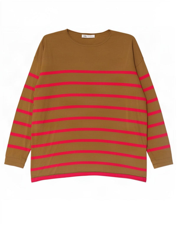 Zara Womens Oversized Top Long Sleeve UK 14 Medium Brown Striped Viscose