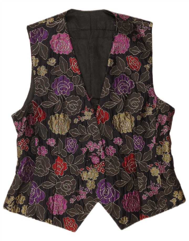Gilet da donna vintage UK 12 medio nero floreale