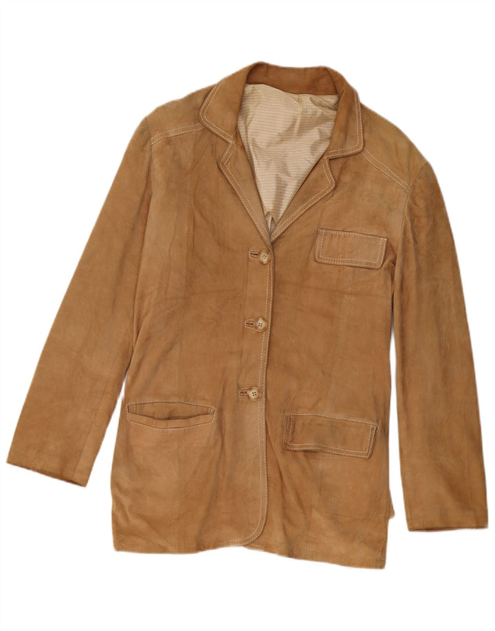 Giacca blazer vintage in pelle scamosciata a 3 bottoni da donna UK 14 beige medio