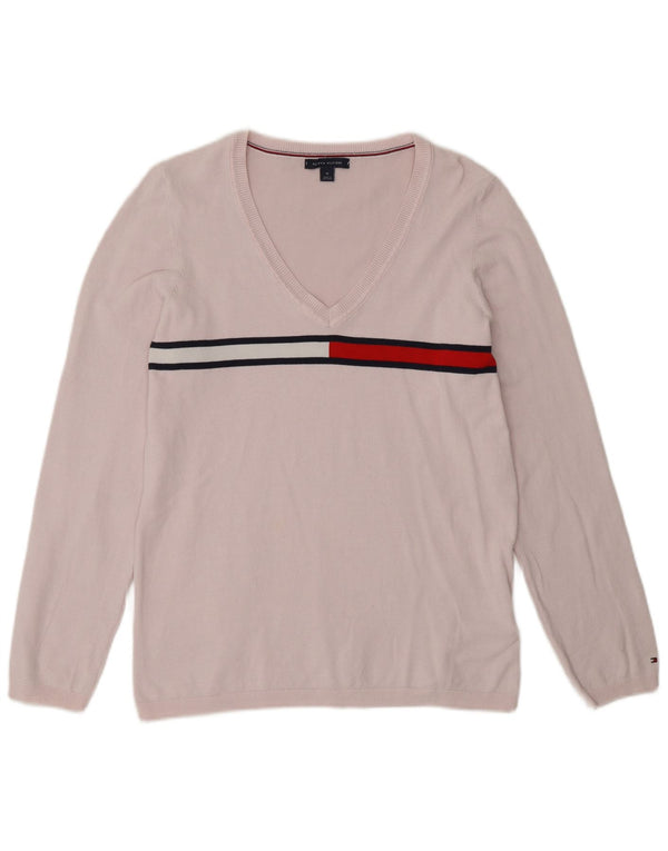 Maglione maglione con scollo a V da donna Tommy Hilfiger UK 14 Colorblock rosa medio