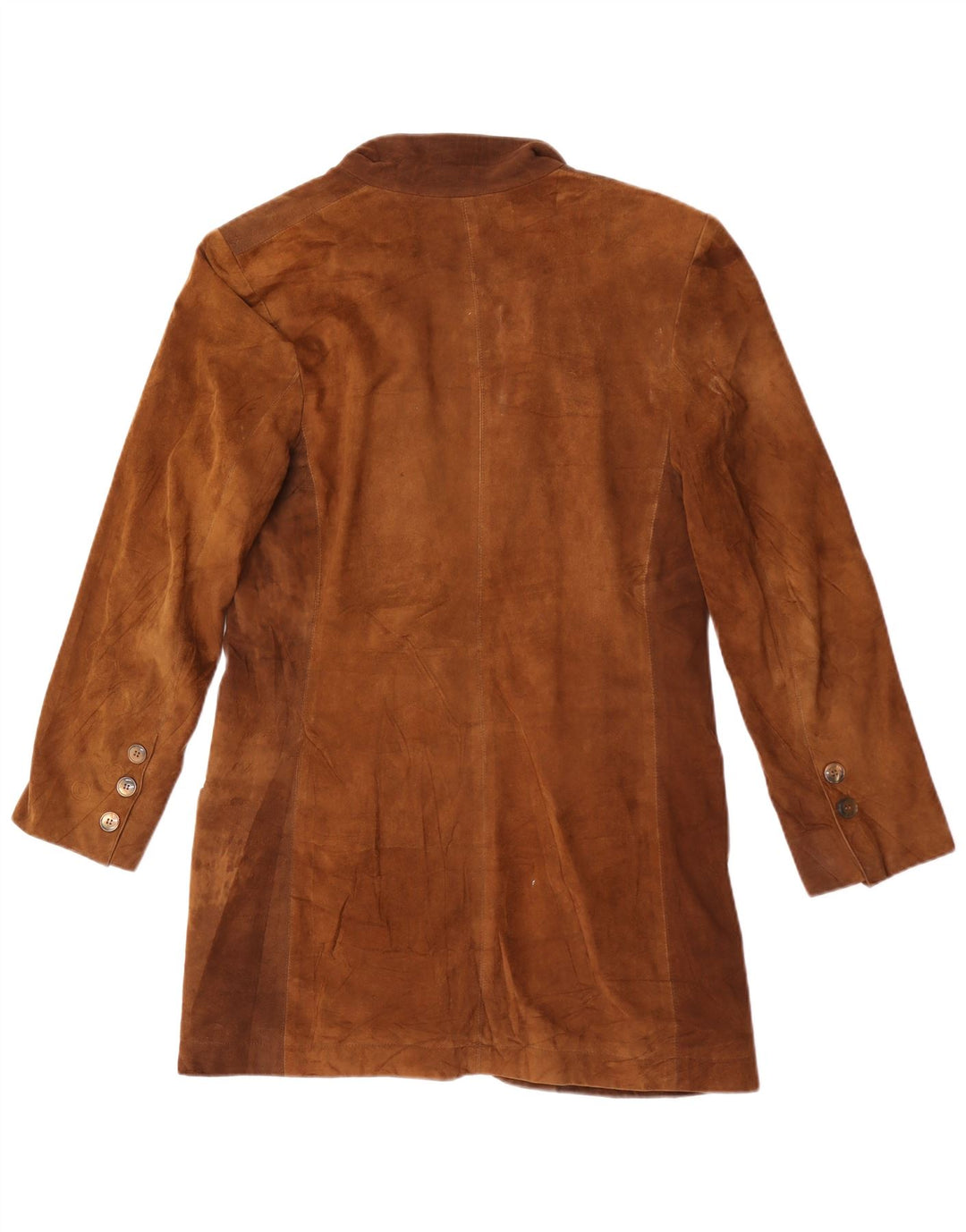 Giacca blazer in pelle scamosciata a 1 bottone vintage da donna lunga UK 10 piccola marrone