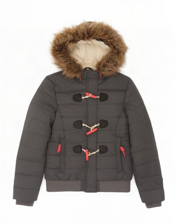 Giacca imbottita bomber con cappuccio da donna Superdry UK 14 grande poliestere grigio