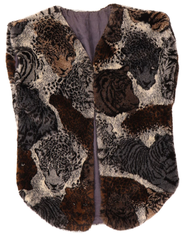 Gilet aperto da donna in pelliccia sintetica VINTAGE UK 16 grande acrilico marrone con stampa animalier