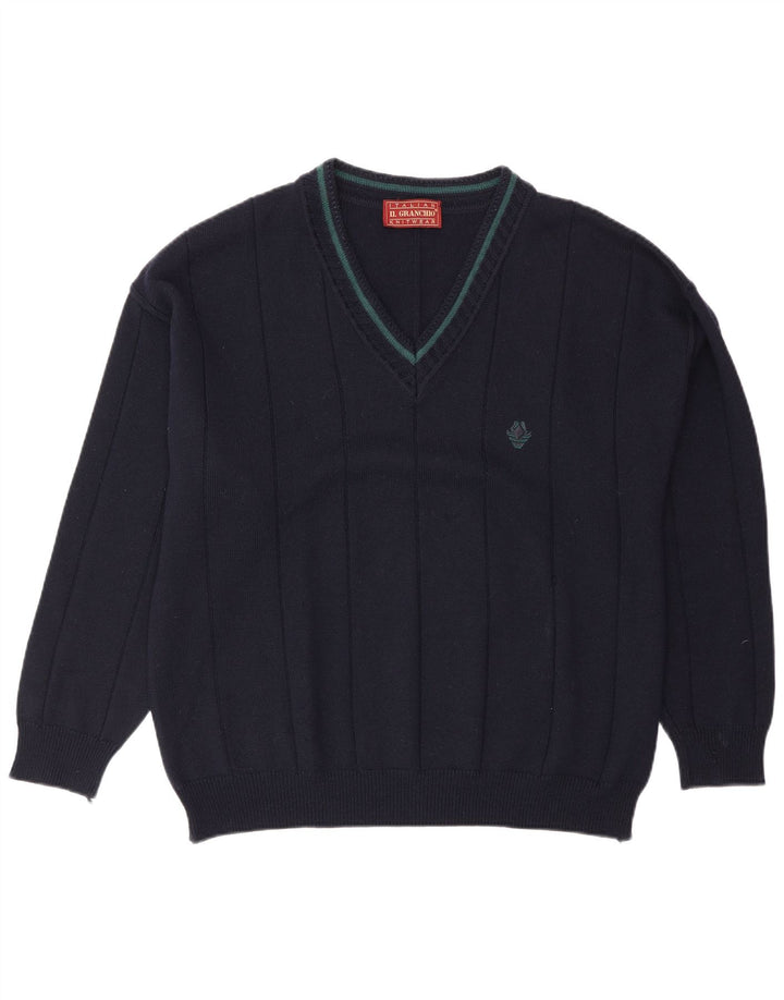 Maglione da uomo con scollo a V Il Granchio, grande, in lana blu navy