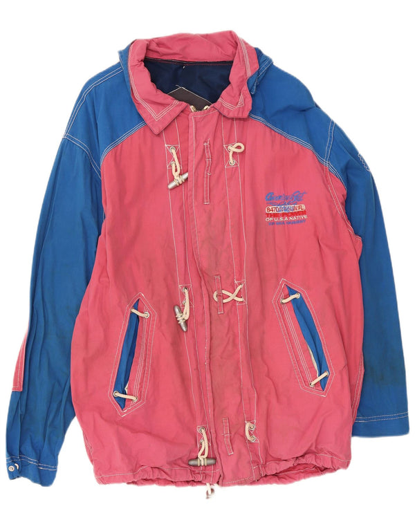 Giacca antipioggia vintage da uomo con cappuccio Duffle UK 40 Large Pink Colourblock