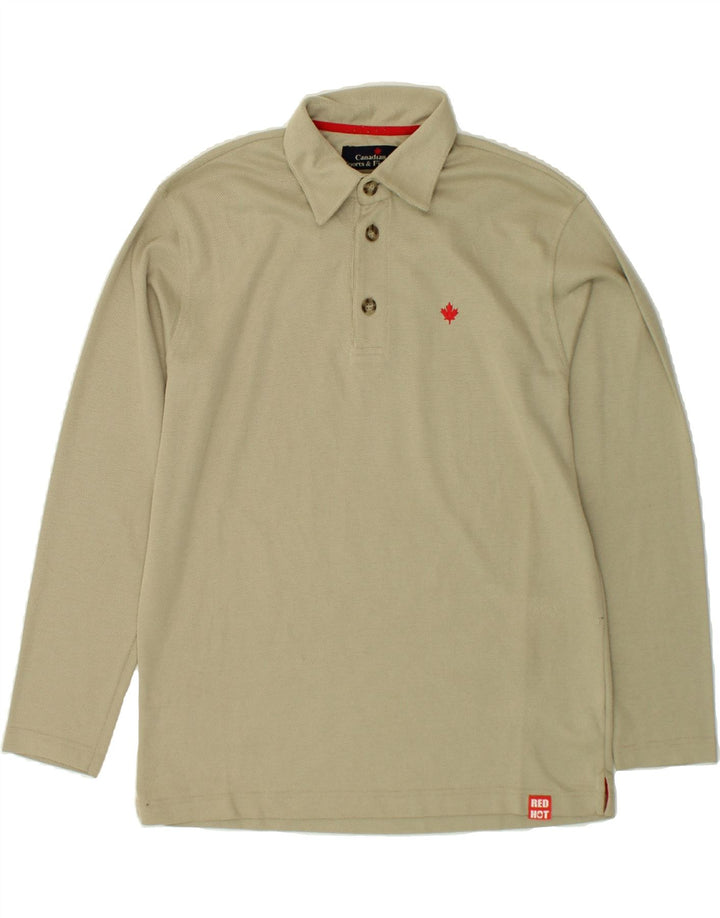 CANADIAN Mens Long Sleeve Polo Shirt Medium Beige Polyester Vintage Canadian and Second-Hand Canadian from Messina Hembry 