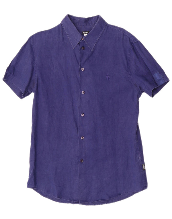 Camicia a maniche corte da uomo Versace Small in lino blu navy