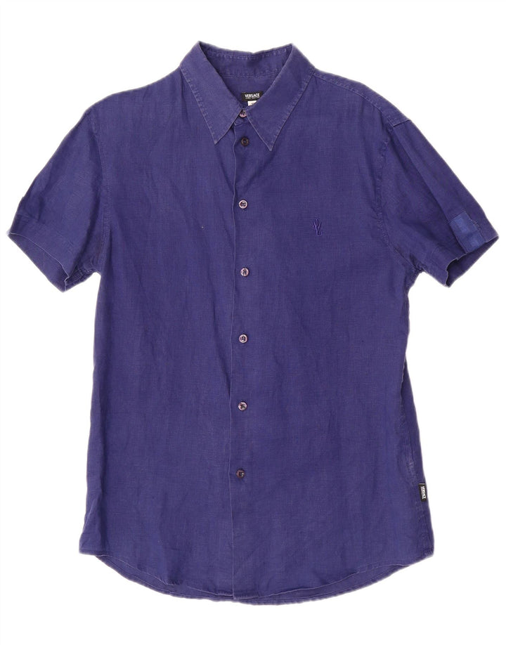 Camicia a maniche corte da uomo Versace Small in lino blu navy