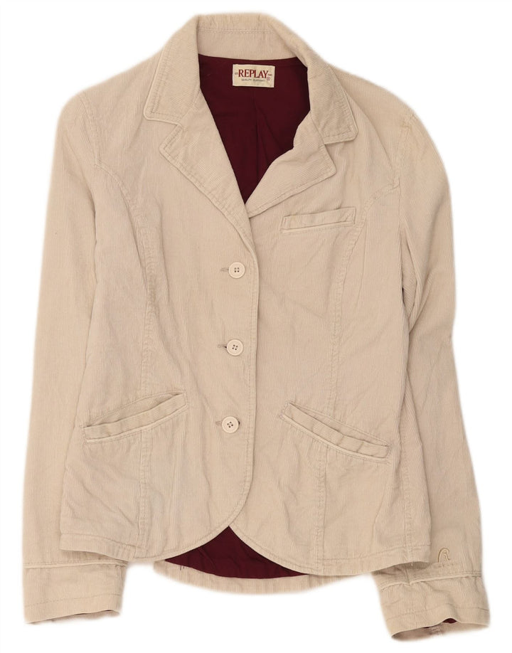 Giacca blazer in velluto a coste a 3 bottoni Replay da donna UK 14 grande cotone beige