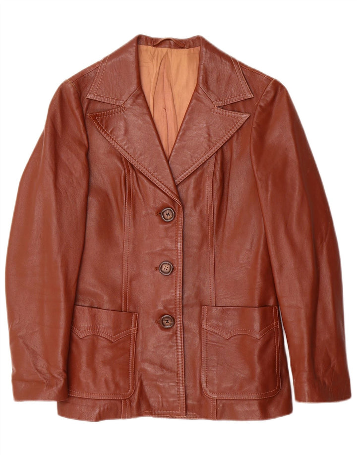 Giacca blazer in pelle vintage da donna a 3 bottoni IT 40 piccola in pelle marrone
