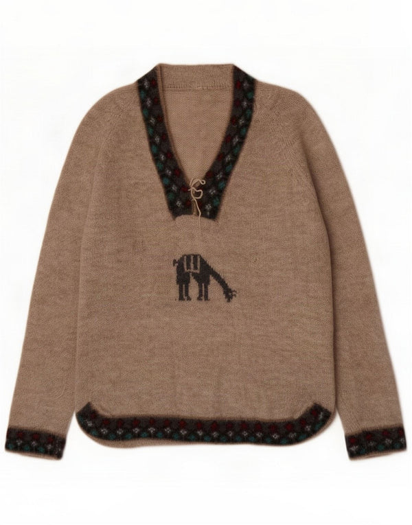 Maglione vintage da donna con scollo a V UK 16 Large Beige Fair Isle