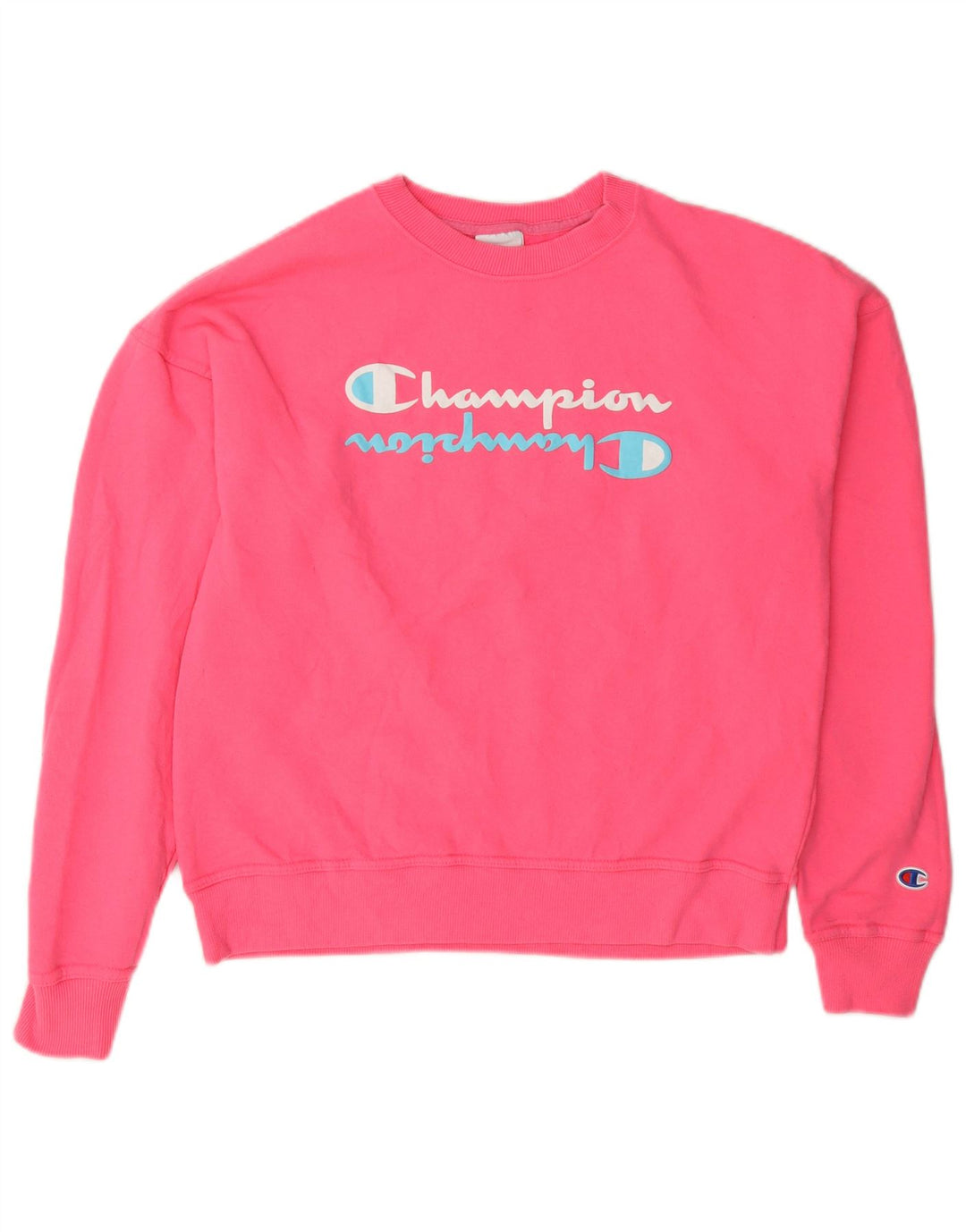 Felpa oversize con grafica da donna Champion, maglione UK 10, piccolo cotone rosa