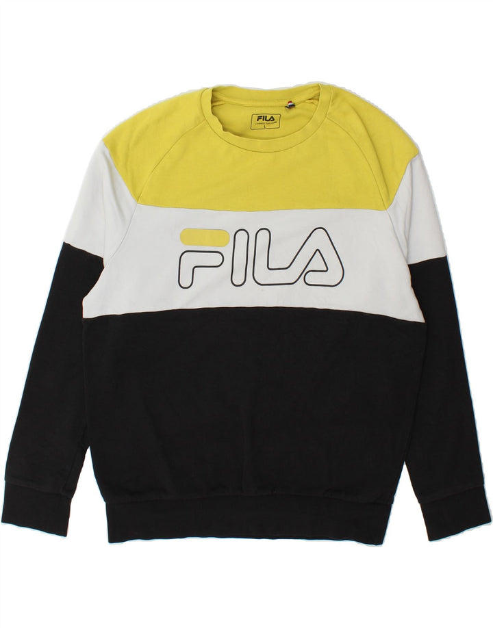 FILA Mens Graphic Sweatshirt Jumper Large Multicoloured Colourblock Cotton Vintage Fila and Second-Hand Fila from Messina Hembry 
