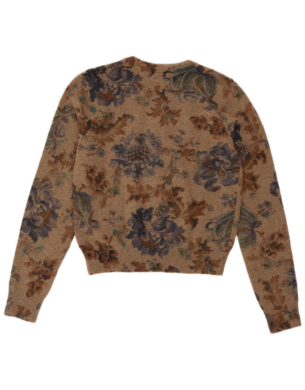 Maglione cardigan corto da donna Josephine UK 10 Lana nuova floreale marrone piccolo