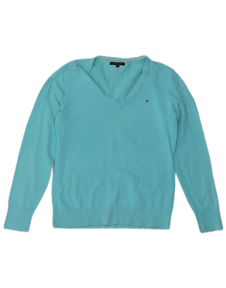 TOMMY HILFIGER Maglione da donna con scollo a V UK 14 Grande cotone blu