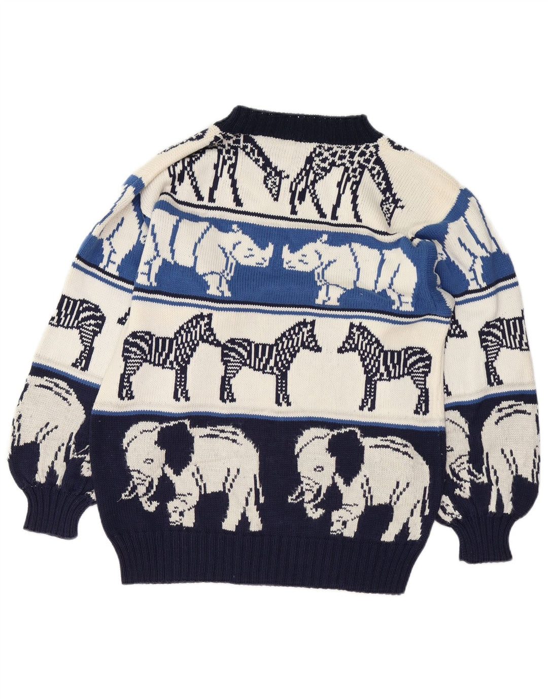 Maglione maglione girocollo da donna VINTAGE UK 18 XL blu navy stampa animalier