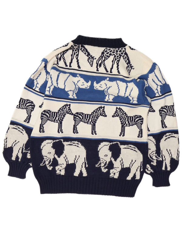 Maglione maglione girocollo da donna VINTAGE UK 18 XL blu navy stampa animalier