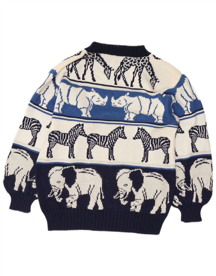 Maglione maglione girocollo da donna VINTAGE UK 18 XL blu navy stampa animalier