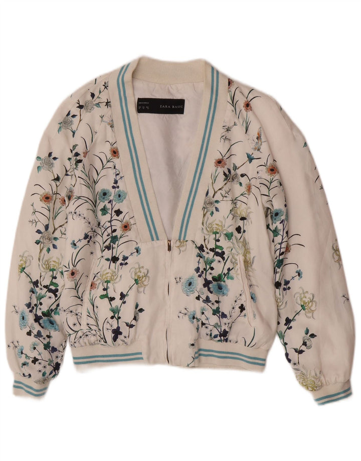 Giubbotto bomber grafico da donna Zara UK 6 XS poliestere floreale bianco