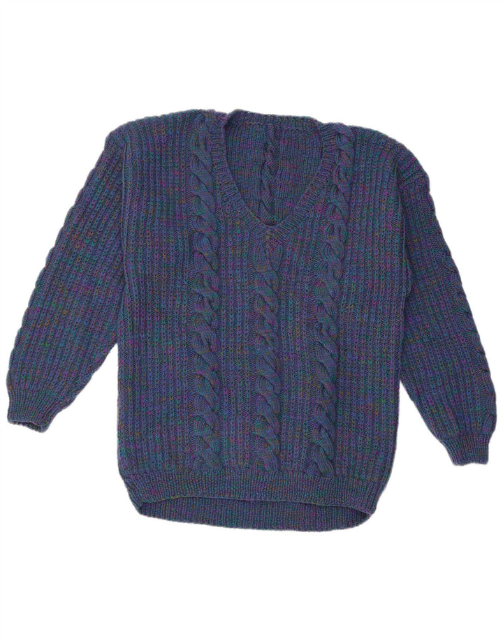 Maglione maglione con scollo a V da donna VINTAGE UK 14 grande blu navy screziato