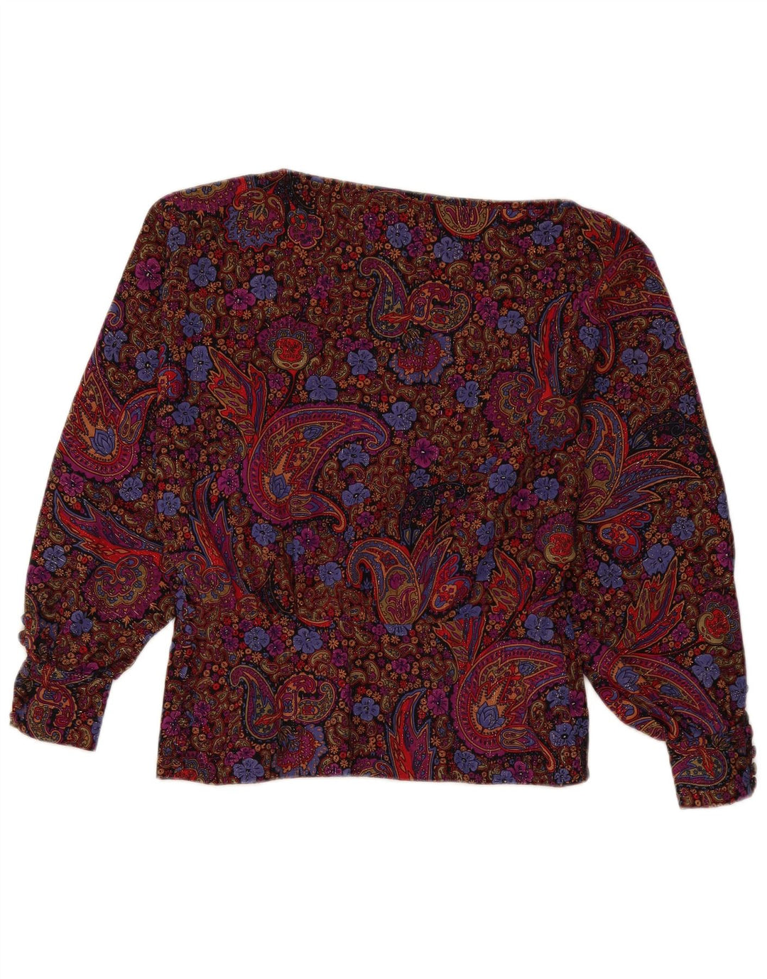 Top camicetta a maniche lunghe da donna vintage UK 12 Paisley medio multicolore