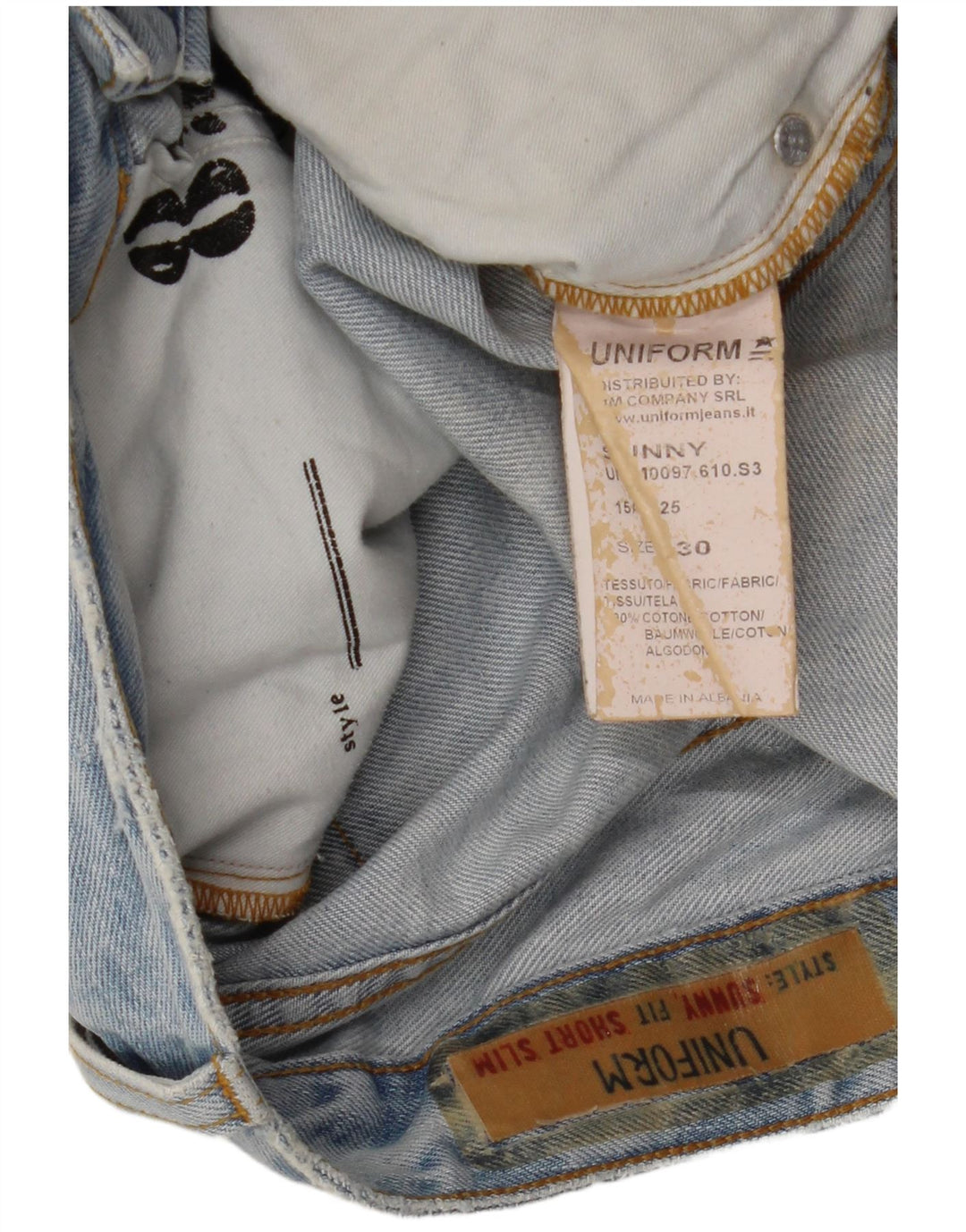 Pantaloncini di jeans invecchiati da uomo uniformi W30 cotone blu medio