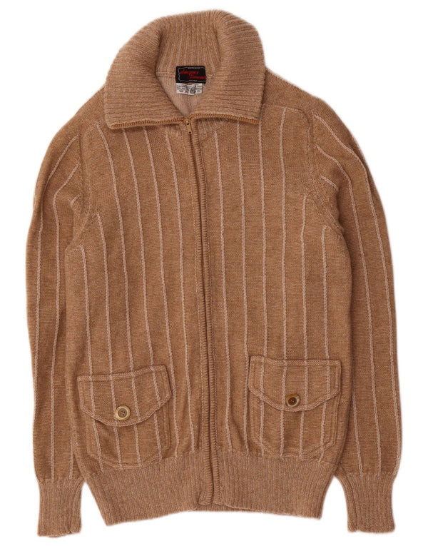 Maglione cardigan da uomo vintage in lana a righe piccole marroni