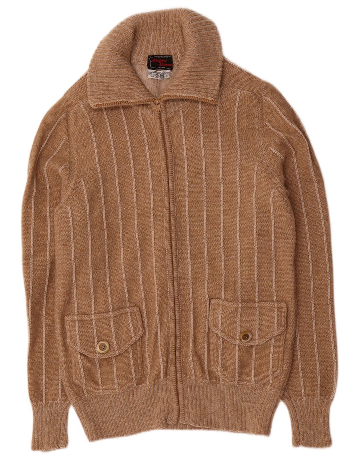 Maglione cardigan da uomo vintage in lana a righe piccole marroni