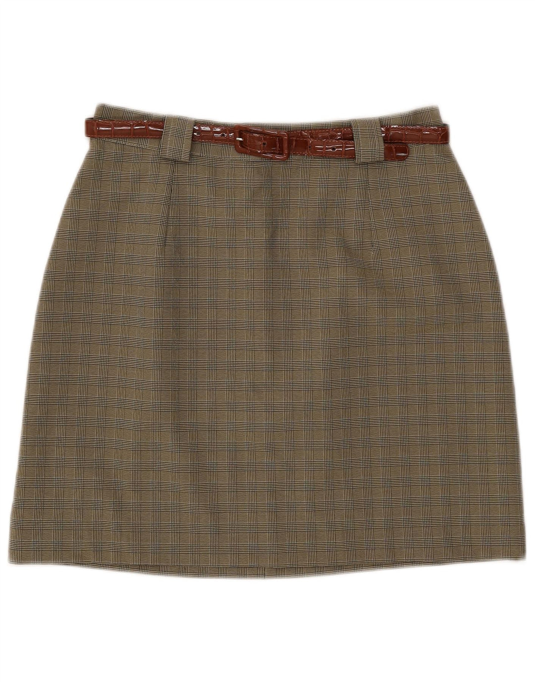 Gonna a trapezio da donna vintage IT 46 grande W28 poliestere a quadri kaki