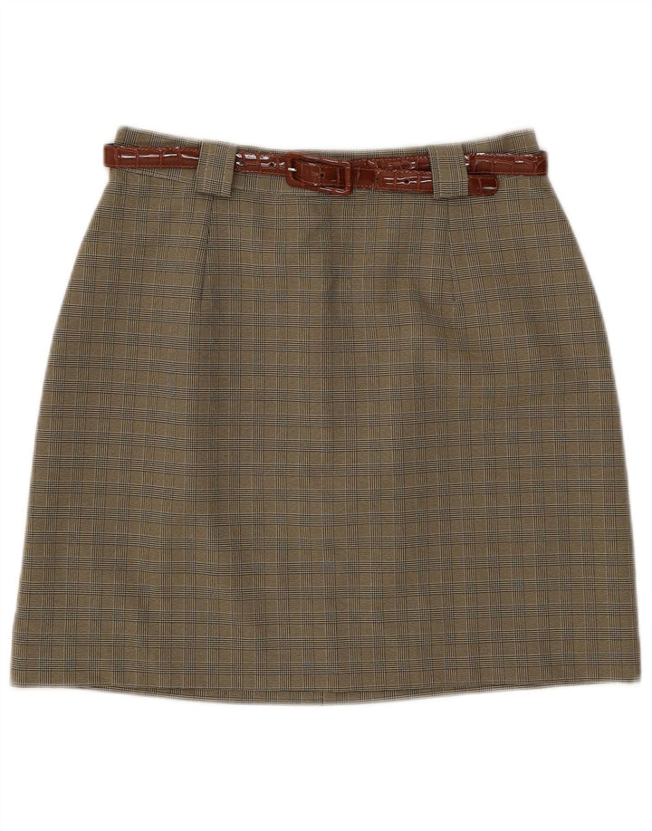 Gonna a trapezio da donna vintage IT 46 grande W28 poliestere a quadri kaki