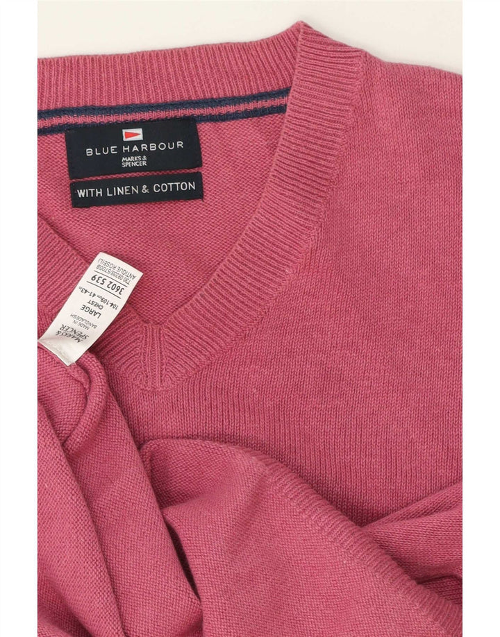 Marks & Spencer Maglione da uomo con scollo a V blu Harbour, grande lino rosa