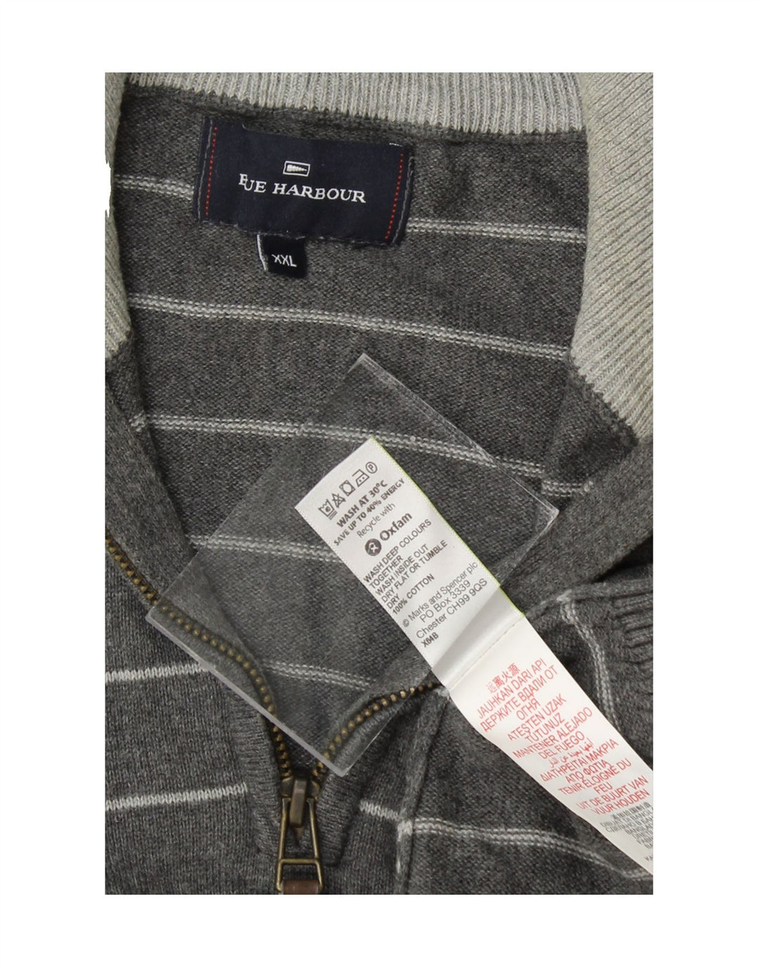 BLUE HARBOUR Mens Zip Neck Jumper Sweater 2XL Grey Striped Cotton Vintage Blue Harbour and Second-Hand Blue Harbour from Messina Hembry 