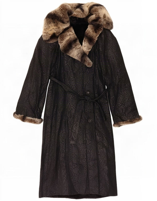 Cappotto in pelle da donna vintage UK 10 piccola stampa animalier nera