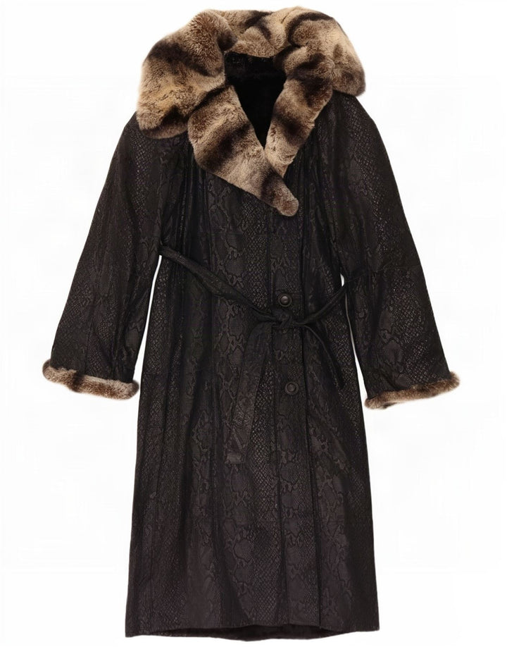 Cappotto in pelle da donna vintage UK 10 piccola stampa animalier nera