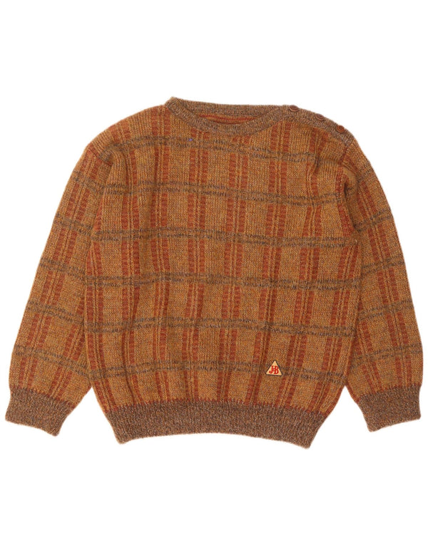 Maglione vintage da uomo con scollo a barca, grande acrilico a quadri marroni