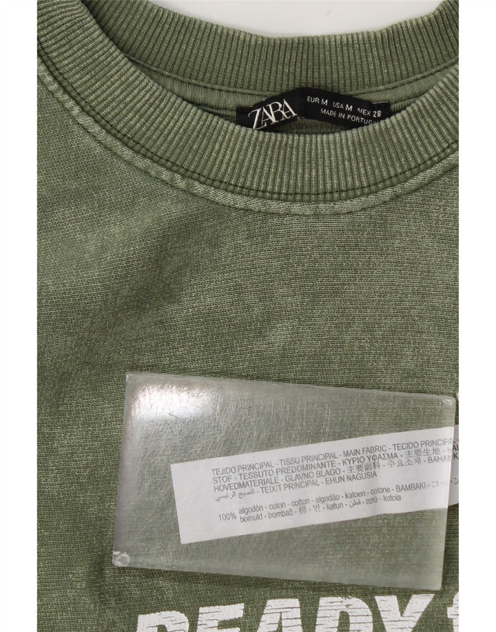 Felpa con grafica Zara da donna, maglione UK 14, cotone verde medio