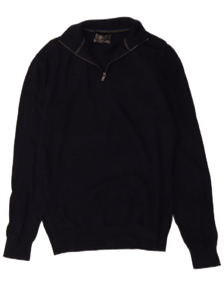 Maglione da uomo Marks & Spencer con zip e collo piccolo in lana merino blu navy