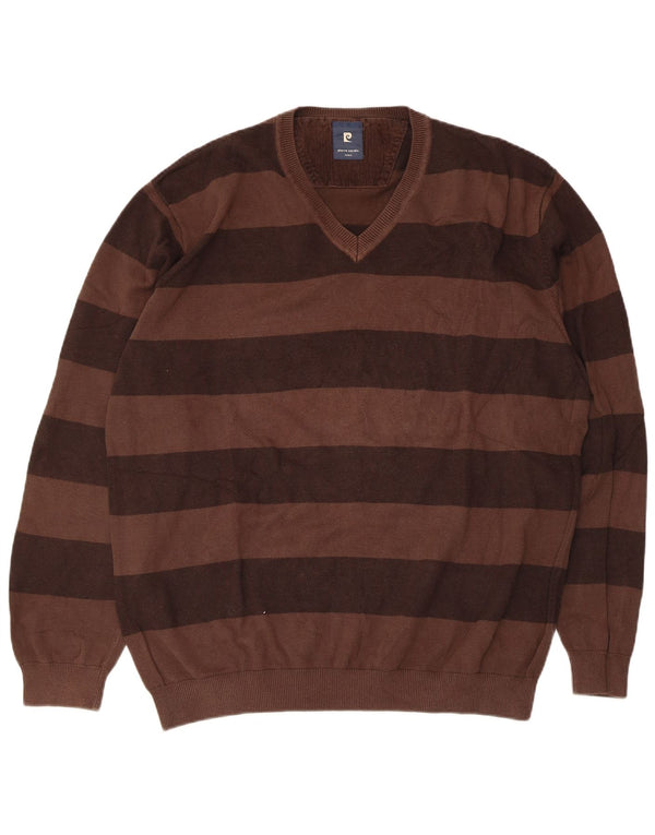 Maglione da uomo con scollo a V Pierre Cardin 2XL cotone a righe marrone