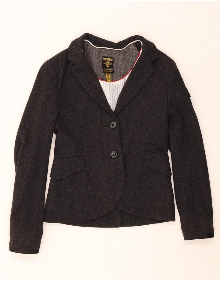 Giacca blazer da donna a 2 bottoni SUPERDRY UK 12 Lana a spina di pesce grigio medio