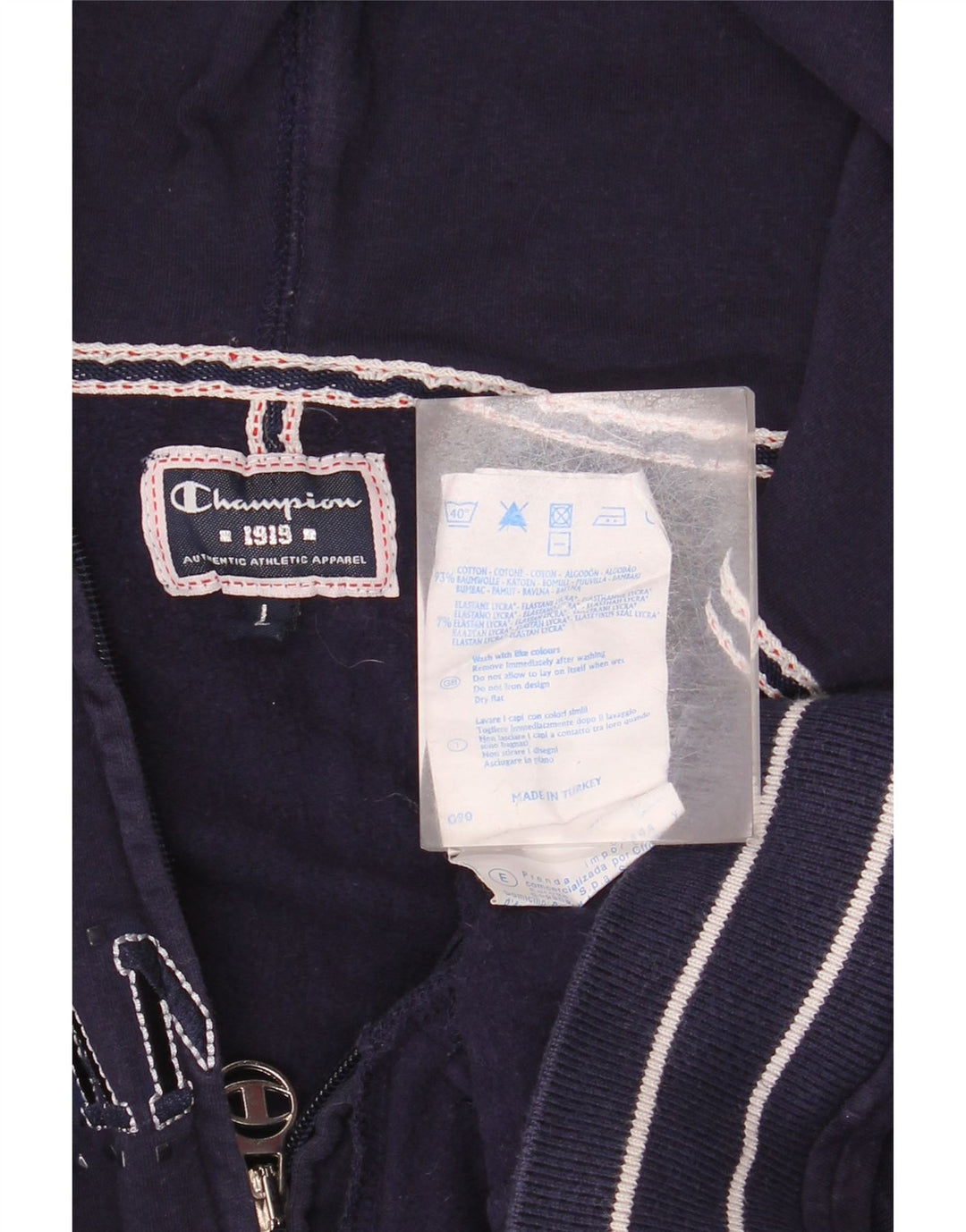 Maglione con cappuccio e zip grafica da donna CHAMPION UK 16 Large in cotone blu navy