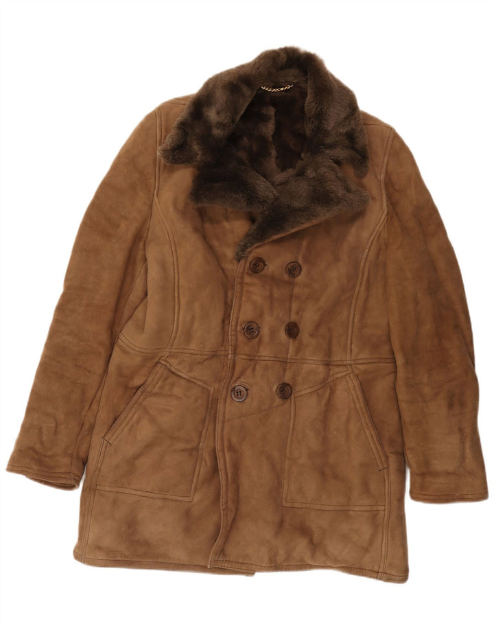 Cappotto doppiopetto vintage in shearling da uomo IT 52 XL Marrone