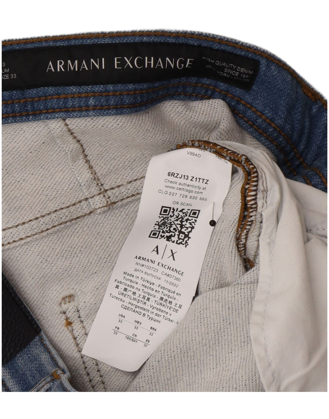 Jeans slim da uomo Armani Exchange W33 L32 cotone blu