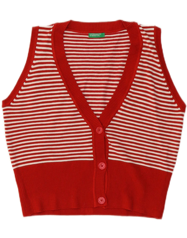 BENETTON Maglione cardigan senza maniche corto da donna UK 14 grandi righe rosse