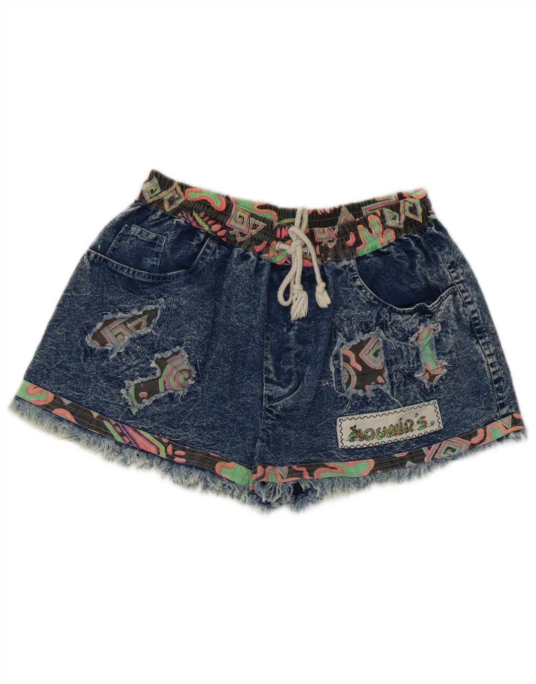 Pantaloncini di jeans vintage da donna medi W28 patchwork blu