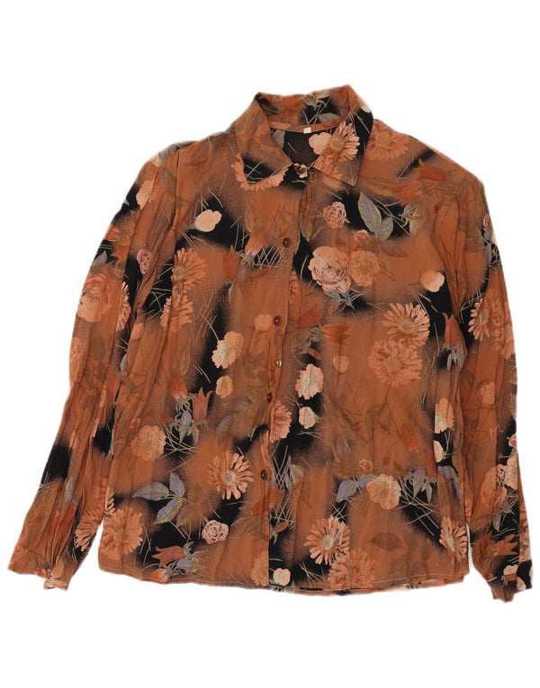 Camicetta camicia vintage da donna UK 14 Viscosa floreale marrone medio